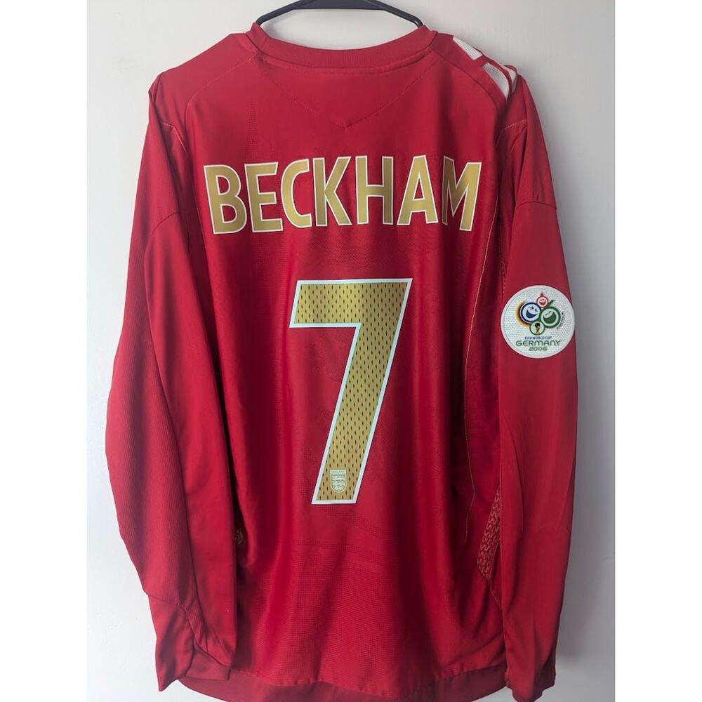 England 2006 Away Beckham Jersey Large LS World Cup Fully Patched Umbro Shirt